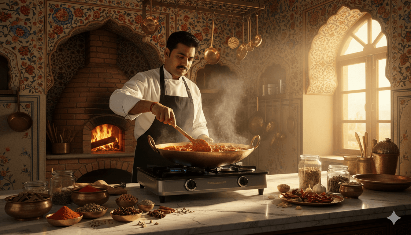 Close-up rich mutton curry with whole spices